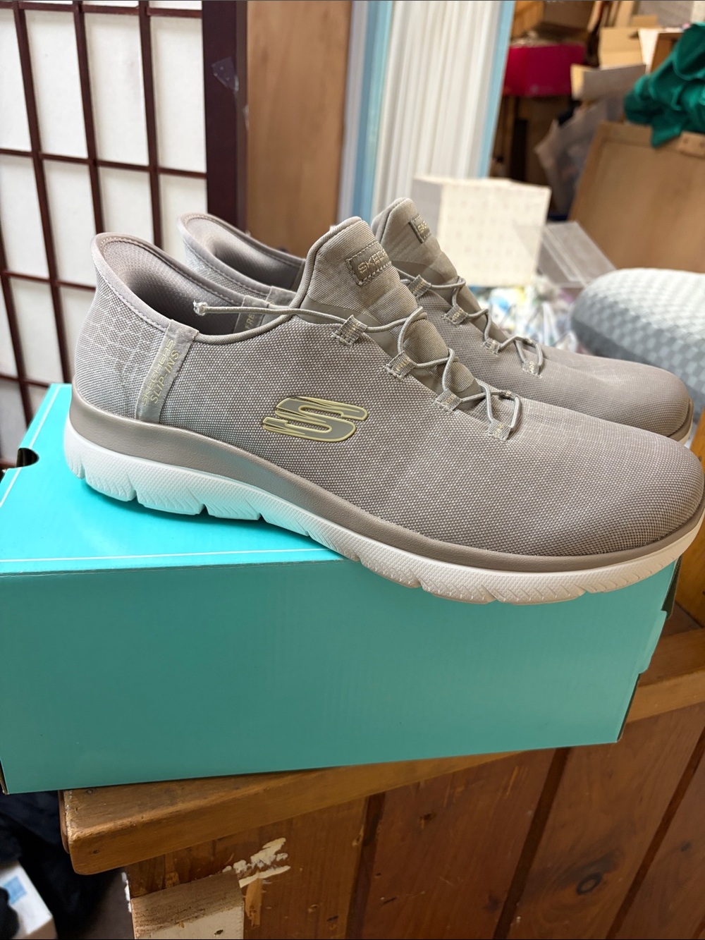 Skechers Women's Taupe Slip-On Stretch Knit Sneakers with Gold Accents